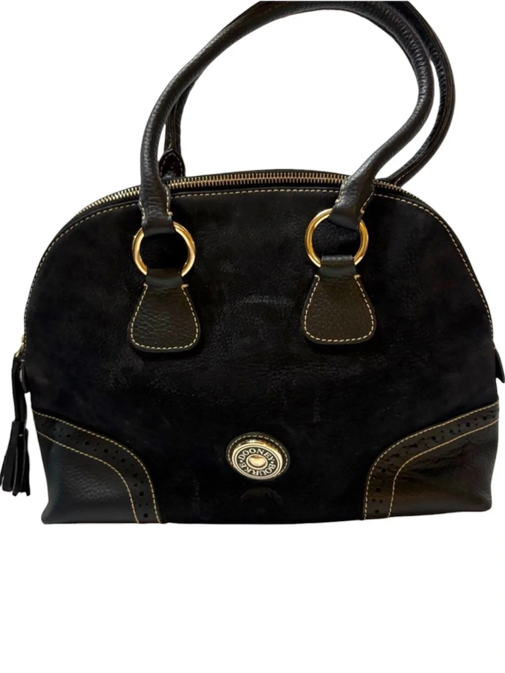 Dooney & Bourke Black Leather Dome Satchel with Tassel and Gold Hardware